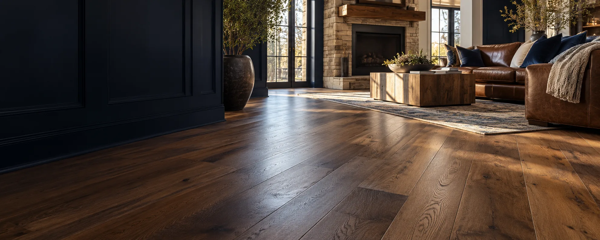 Illustrative interior showing warm wood flooring with navy walls and leather furniture